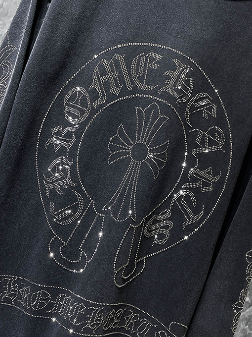 クロムハーツ ホットスタンプのラインストーンウォッシュいのある馬蹄形のクロスサンスクリットの花柄の長袖シャツ