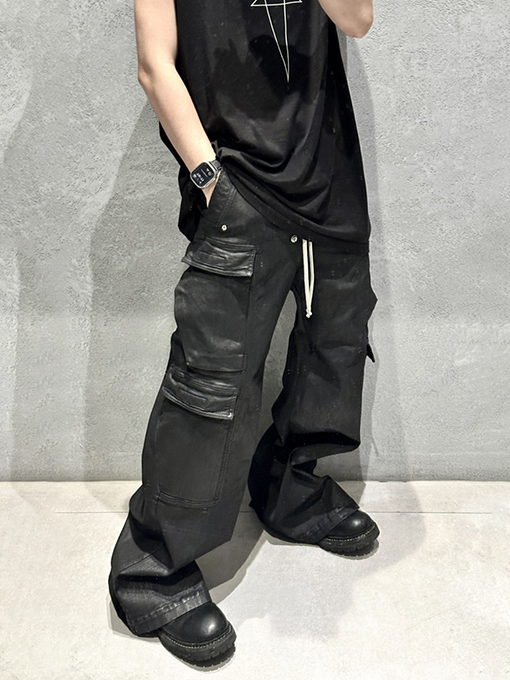 リックオウエンス コーティング＆ワックス加工のワイドレッグカーゴフレアパンツ