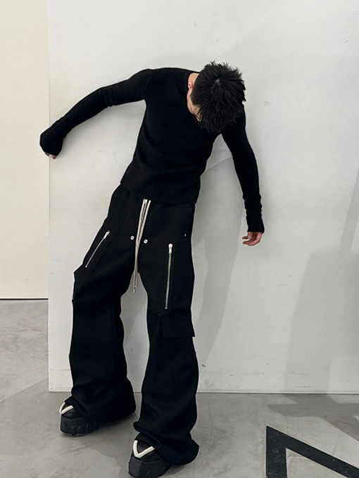 リックオウエンス ワイドレッグのモップ掛けまでの長さのワークパンツ