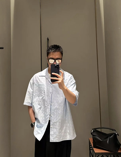 ロエベ パッチポケット付きの刺繍入りチェック柄半袖シャツ