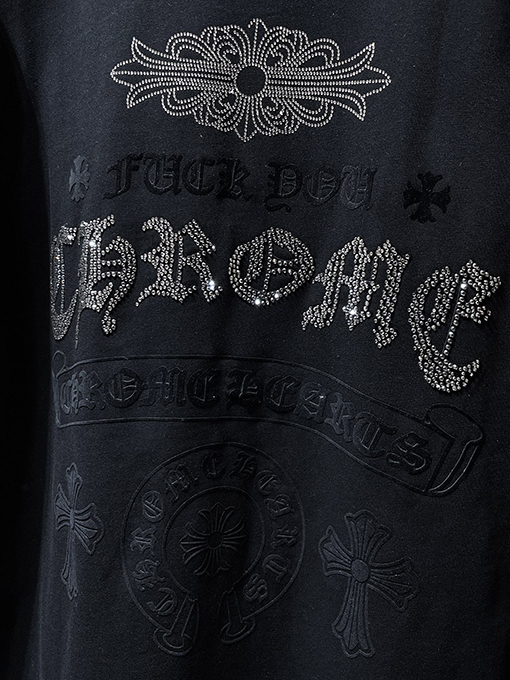 クロムハーツ クラシックなヘビーデューティーラインストーンホースシューサンスクリット文字クロス長袖シャツ