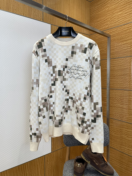 ルイヴィトン カラーブロックチェック柄ジャカードクルーネックニットセーター