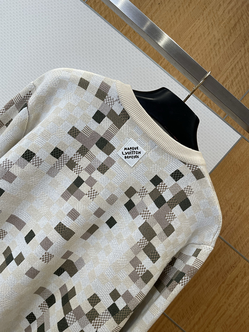ルイヴィトン カラーブロックチェック柄ジャカードクルーネックニットセーター