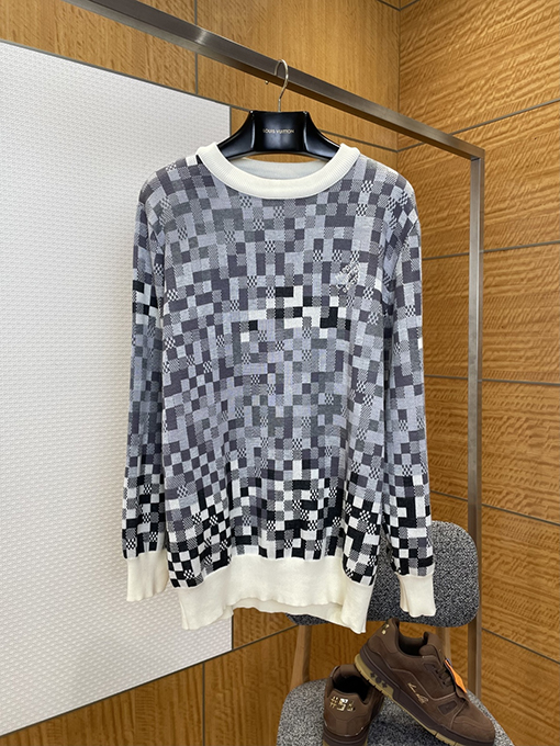 ルイヴィトンコピー クラシックカラーブロックチェック柄ジャカードクルーネックニットセーター