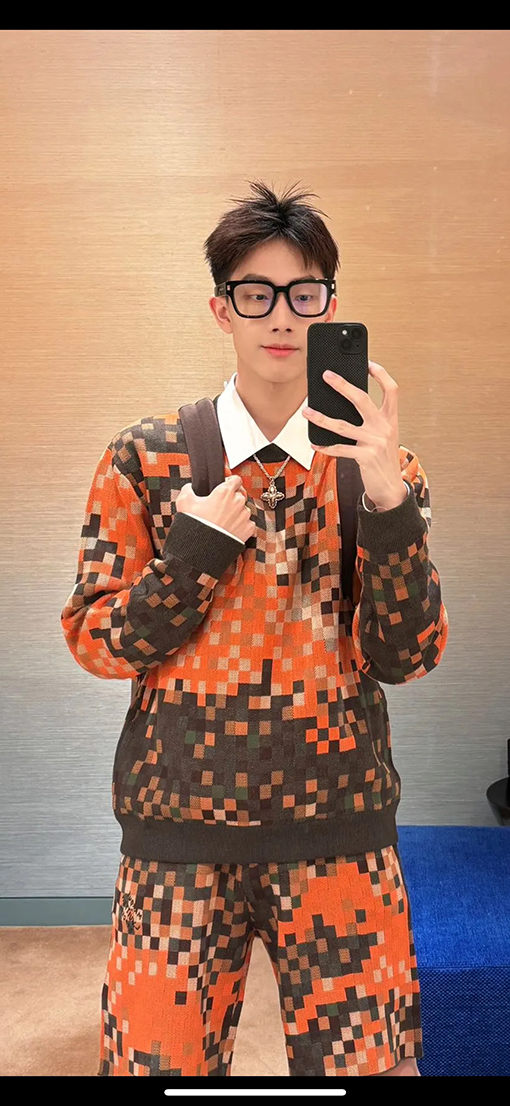 ルイヴィトン ファッションカラーブロックチェック柄ジャカードクルーネックニットセーター