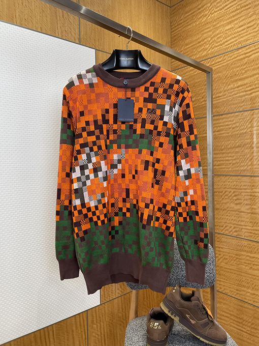 ルイヴィトン ファッションカラーブロックチェック柄ジャカードクルーネックニットセーター