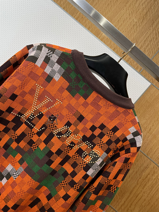 ルイヴィトン ファッションカラーブロックチェック柄ジャカードクルーネックニットセーター