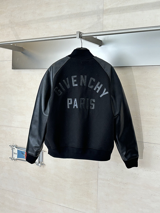 ジバンシイ Givenchy 無地のダークウールとレザーのスナップボタンベースボールジャケット