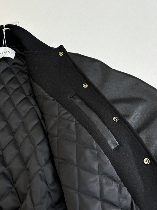 ジバンシイ Givenchy 無地のダークウールとレザーのスナップボタンベースボールジャケット