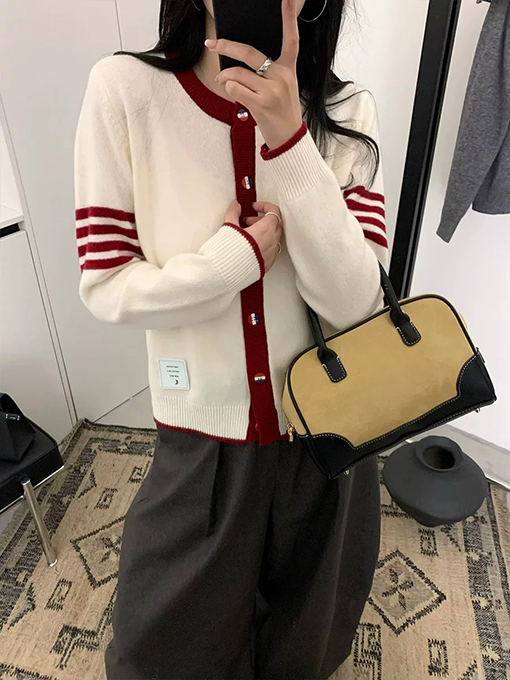 トムブラウン カラーブロッククルーネックウールニットカーディガン