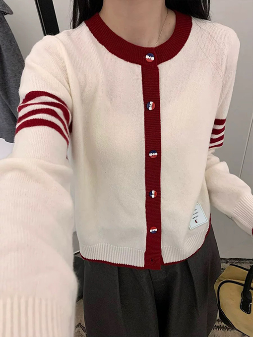 トムブラウン カラーブロッククルーネックウールニットカーディガン