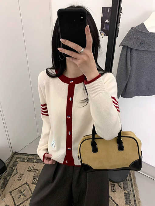 トムブラウン カラーブロッククルーネックウールニットカーディガン