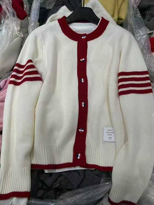 トムブラウン カラーブロッククルーネックウールニットカーディガン