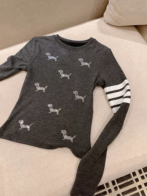 トムブラウン レディースラインストーンパピーフリース裏地スリムフィット長袖ベースレイヤーシャツ