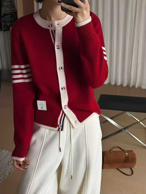 トムブラウン カラーブロッククルーネックウールニットカーディガン