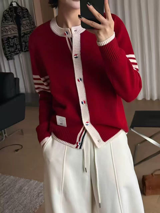 トムブラウン カラーブロッククルーネックウールニットカーディガン