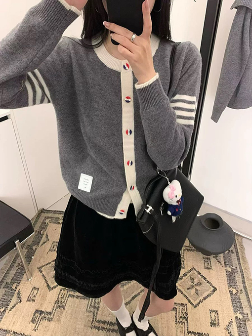 トムブラウン カラーブロッククルーネックウールニットカーディガン