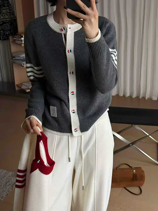 トムブラウン カラーブロッククルーネックウールニットカーディガン