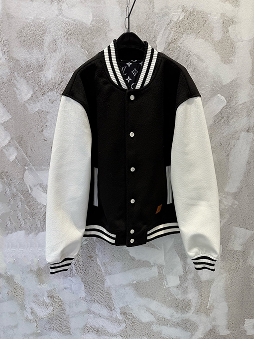 ルイヴィトン Nigo パッチワークレザーパールバックルレザートリムフロントポケットが付いたベースボールスタイルのベルト付きジャケット