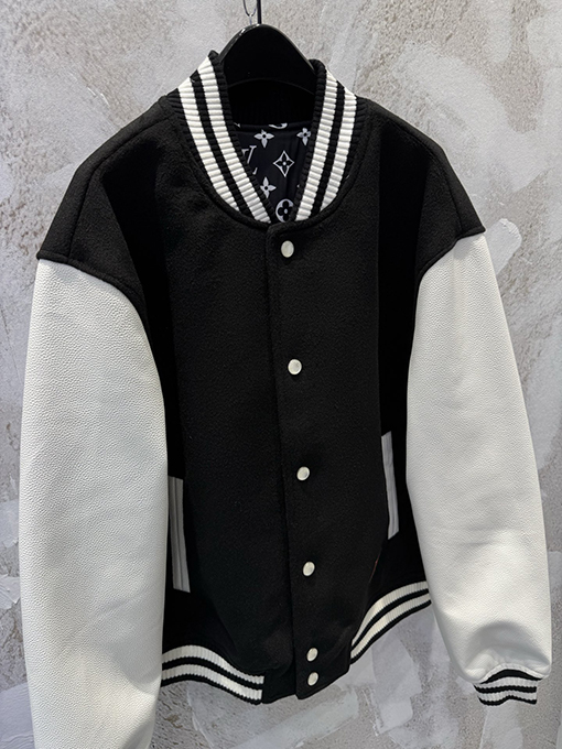 ルイヴィトン Nigo パッチワークレザーパールバックルレザートリムフロントポケットが付いたベースボールスタイルのベルト付きジャケット