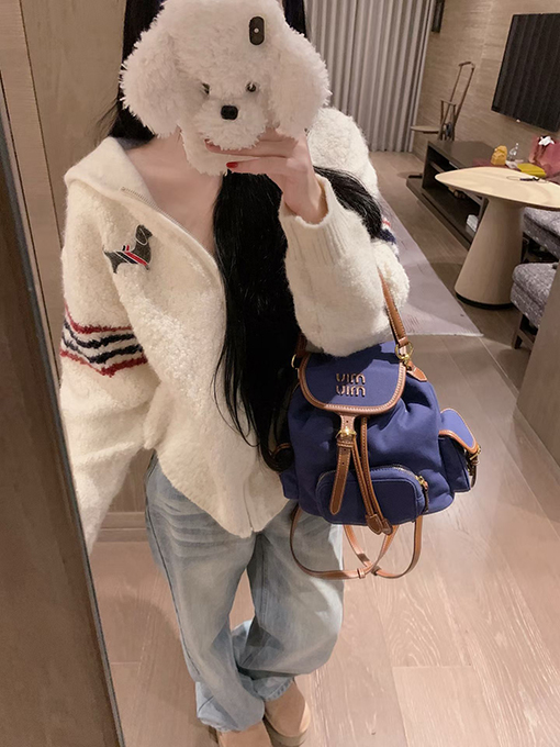 トムブラウンコピー プレッピースタイルの刺繍入り子犬のジップアップフード付きフリースカーディガン