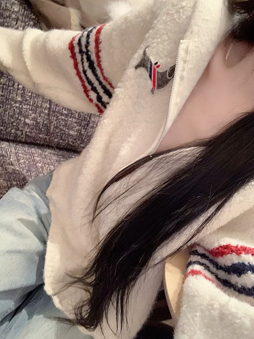 トムブラウンコピー プレッピースタイルの刺繍入り子犬のジップアップフード付きフリースカーディガン