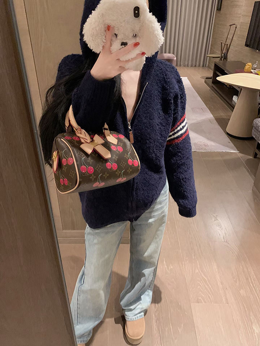 トムブラウンコピー プレッピースタイルの刺繍入り子犬のジップアップフード付きフリースカーディガン