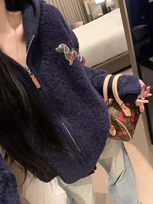 トムブラウンコピー プレッピースタイルの刺繍入り子犬のジップアップフード付きフリースカーディガン