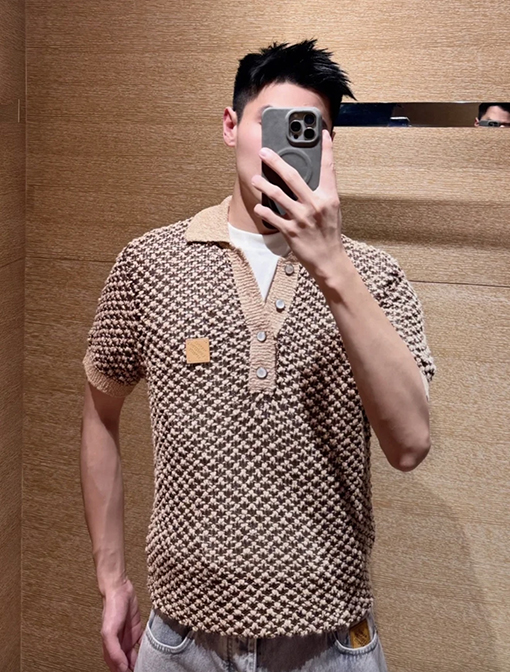 ルイヴィトンスーパーコピー 透かし編みメッシュニット半袖ポロシャツ