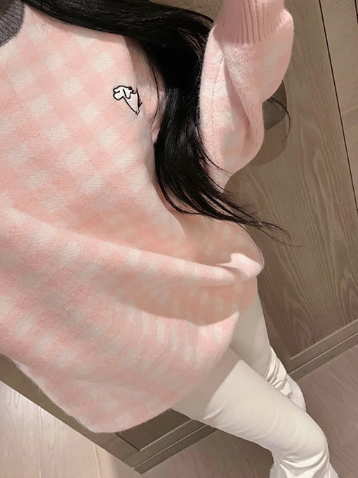 トムブラウンスーパーコピー レディースチェック柄の子犬の刺繍入りラウンドネックセーター