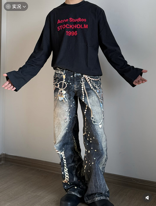 アクネストゥディオズスーパーコピー Acne Studios 3D プリントされた黒とゴールドのチェーンジーンズ