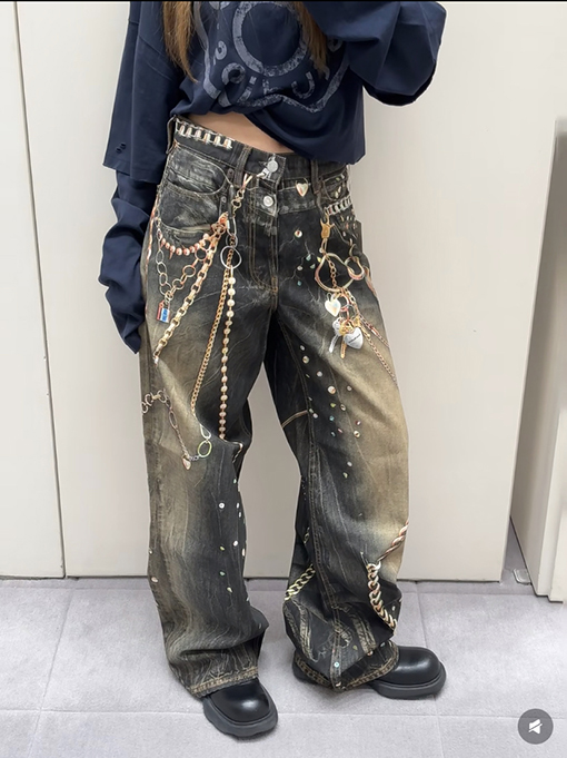 アクネストゥディオズスーパーコピー Acne Studios 3D プリントされた黒とゴールドのチェーンジーンズ