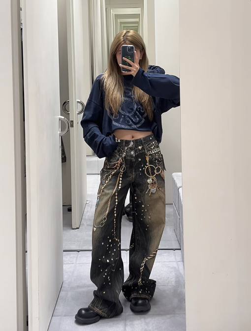 アクネストゥディオズスーパーコピー Acne Studios 3D プリントされた黒とゴールドのチェーンジーンズ