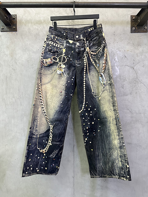 アクネストゥディオズスーパーコピー Acne Studios 3D プリントされた黒とゴールドのチェーンジーンズ