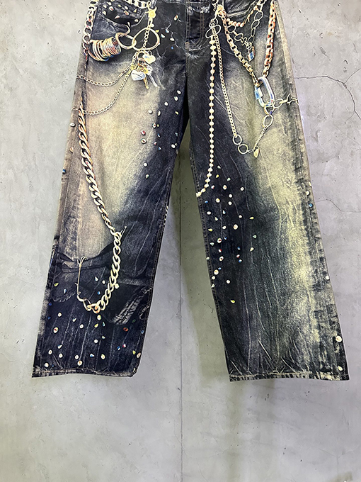 アクネストゥディオズスーパーコピー Acne Studios 3D プリントされた黒とゴールドのチェーンジーンズ