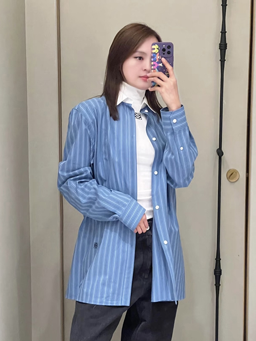 ロエベ カラーブロックのストライプ柄シングルブレストポインテッドカラー長袖シャツ