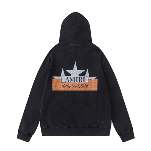 アミリ ラインストーンスター クラックプリントウォッシュダメージフード付きスウェットシャツ