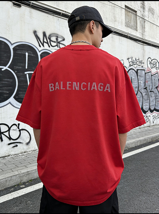 バレンシアガ Balenciaga フロントバックレターラインストーンウォッシュ半袖Tシャツ