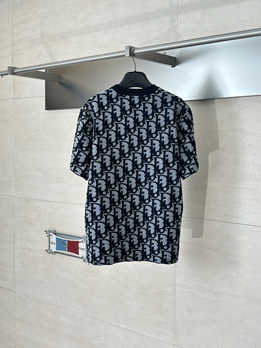 ディオール Oblique オールオーバープリントのジャカードウール混ニットクルーネック半袖Tシャツ