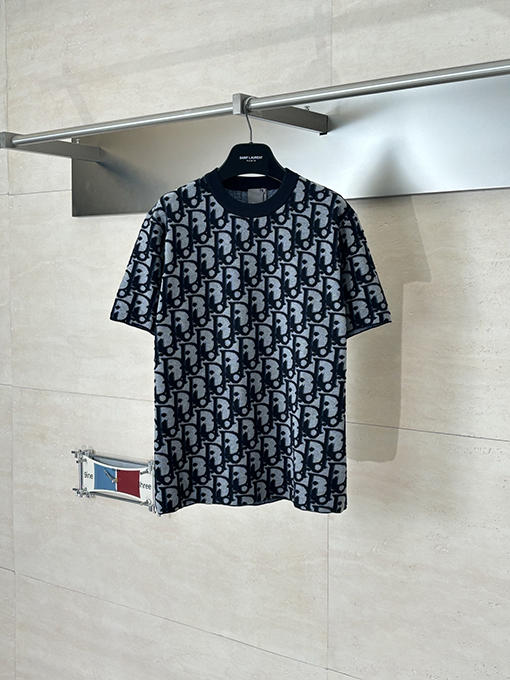 ディオール Oblique オールオーバープリントのジャカードウール混ニットクルーネック半袖Tシャツ
