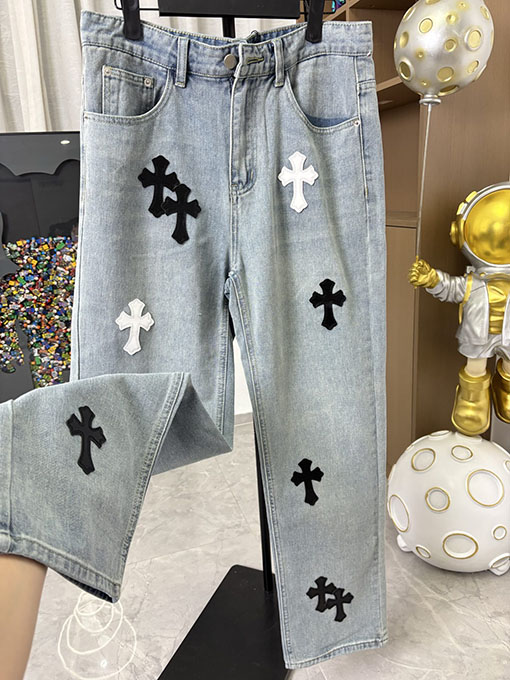 クロムハーツコピー レザーラベルのストレートレッグジーンズ