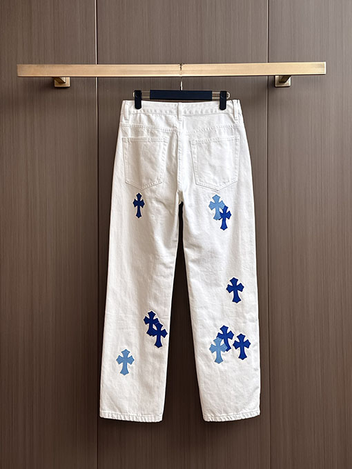 クロムハーツコピー ブルーのパッチワーク刺繍りウォッシュデニムジーンズ