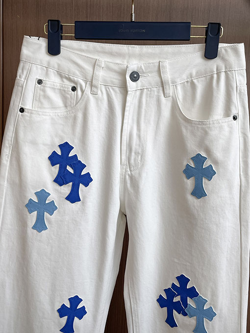 クロムハーツコピー ブルーのパッチワーク刺繍りウォッシュデニムジーンズ