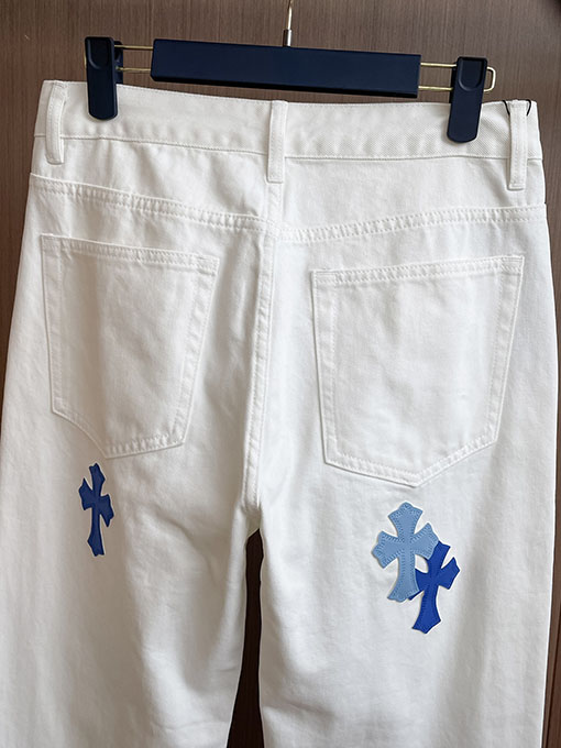 クロムハーツコピー ブルーのパッチワーク刺繍りウォッシュデニムジーンズ