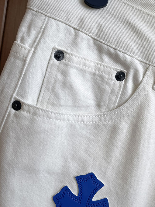 クロムハーツコピー ブルーのパッチワーク刺繍りウォッシュデニムジーンズ