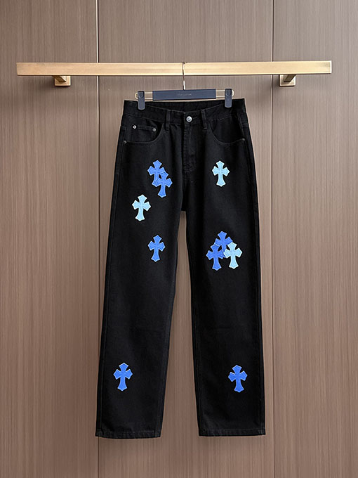 クロムハーツコピー ブルーのパッチワーク刺繍りウォッシュデニムジーンズ