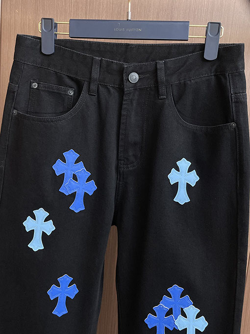 クロムハーツコピー ブルーのパッチワーク刺繍りウォッシュデニムジーンズ