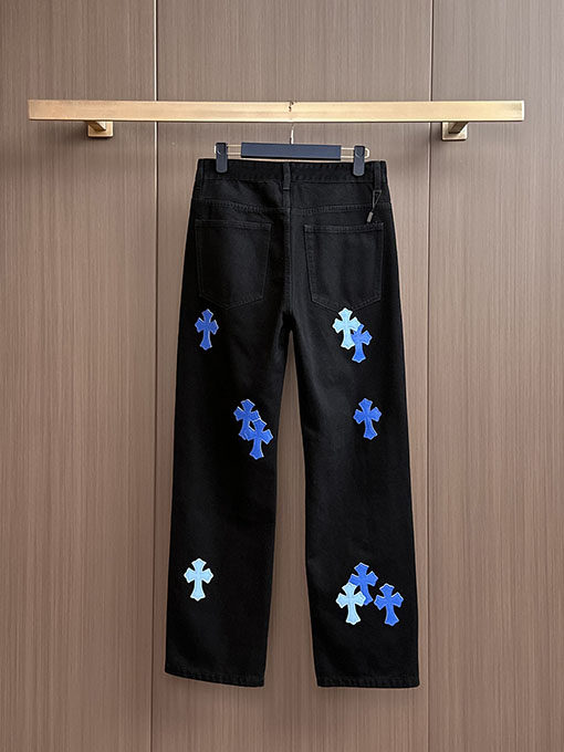 クロムハーツコピー ブルーのパッチワーク刺繍りウォッシュデニムジーンズ