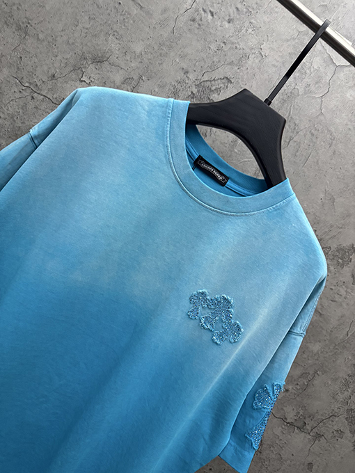 クロムハーツ アメリカンスタイルのウォッシュアップリケ刺繍ラインストーンカップル半袖Tシャツ