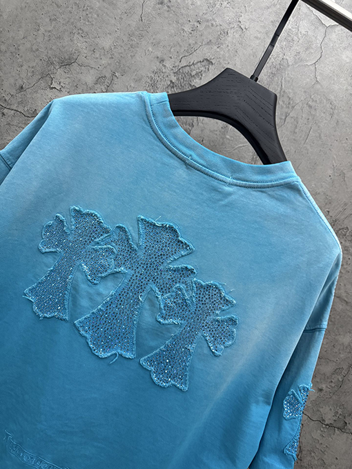 クロムハーツ アメリカンスタイルのウォッシュアップリケ刺繍ラインストーンカップル半袖Tシャツ